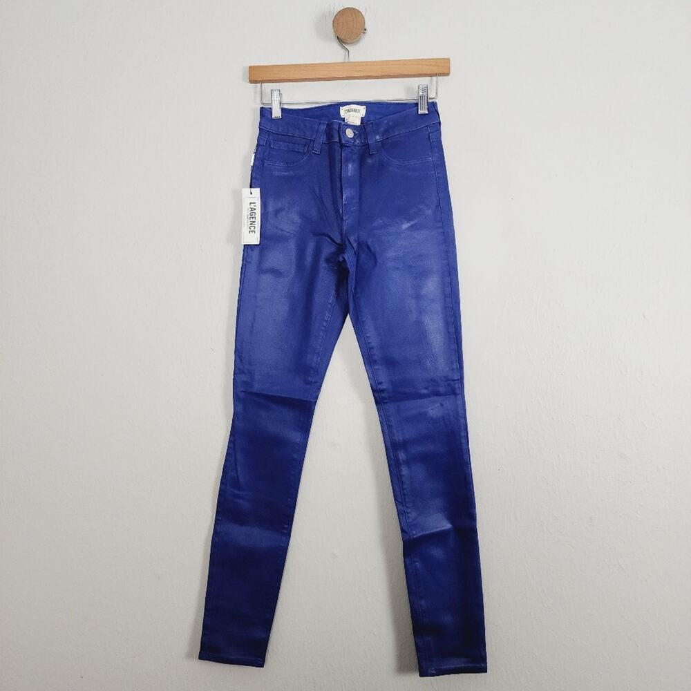 NWT L'AGENCE Marguerite High Rise Skinny Jeans Blue Ocean Coated Waxed 25